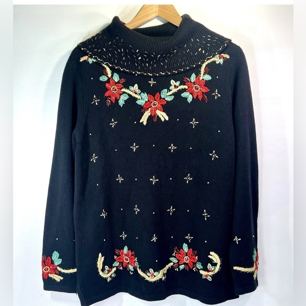Theme Works Kikit Plus 3X Holiday Christmas Floral Gold Beaded Sweater